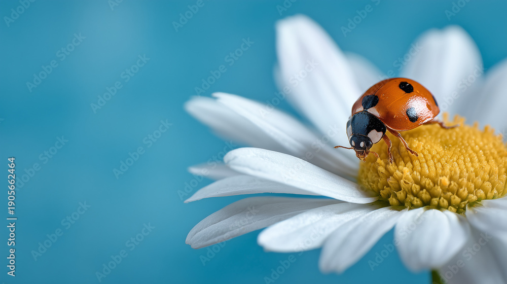Obraz premium ladybug on top of daisy sunflower isolated on blue background with copy space