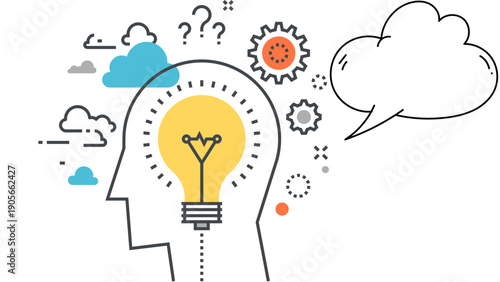 Illustration of a human head with a lightbulb and various thought symbols on a white background, representing creative ideas and innovation.