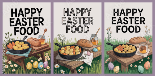 Happy Easter Food Spring Potatoes and Bread with Easter Eggs Illustration