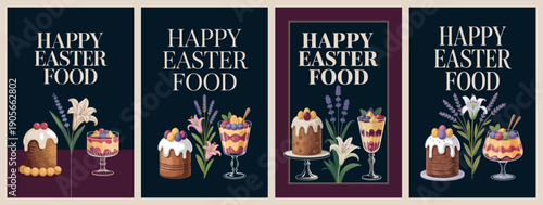 Happy Easter Food Desserts with Spring Flowers and Easter Treats Illustration