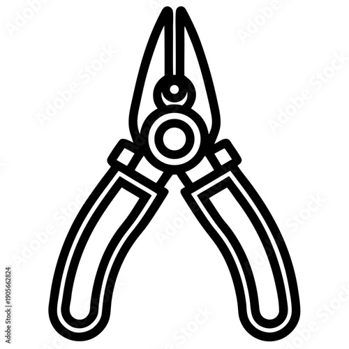Minimalist line art icon of wire cutters with clean black outlines and a simple vector style on a white background.