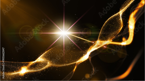 Abstract image of a bright light with golden streaks on a dark background with a cinematic feel and warm tones.