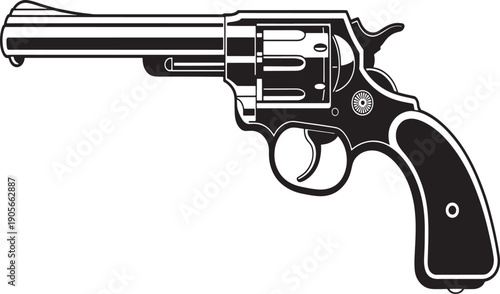 Black silhouette of a classic revolver pistol with detailed cylinder and trigger on a white background