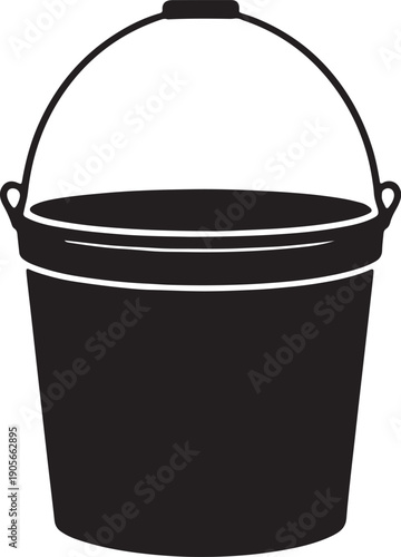 Black silhouette of a classic bucket with a curved handle and two loops white background