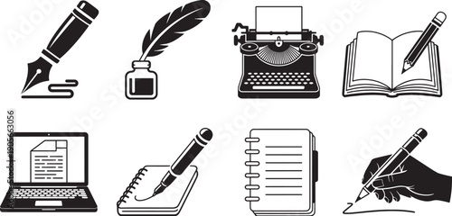 Collection of writing and typing tools from fountain pen to laptop quill
