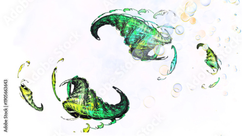 A vibrant, abstract arrangement of green and yellow chili peppers floating in mid-air with water droplets on a white background.