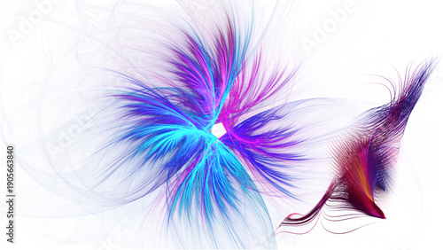 Vibrant abstract design with swirling purple, blue, and pink hues against a white background, conveying a dynamic and energetic mood with a mix of bright colors and soft, feathery textures.