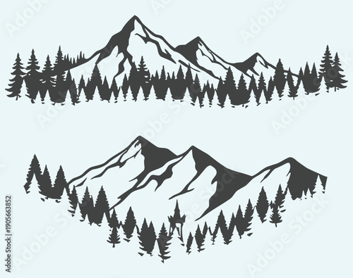 Black and white mountain ranges with pine trees
