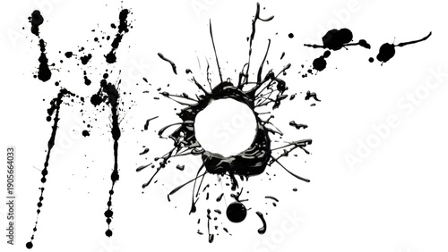 Black ink splatter with a circular hole on a white background, creating dynamic artistic patterns and shapes.