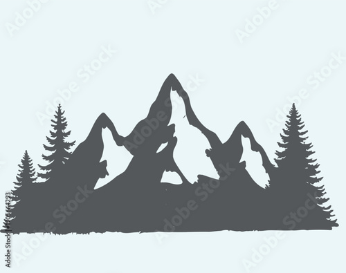 Silhouette of mountains and pine trees against a light background