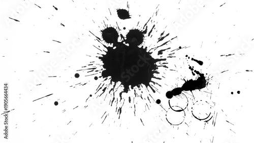 Black ink splatter on a white background with dynamic splashes and droplets scattered around.