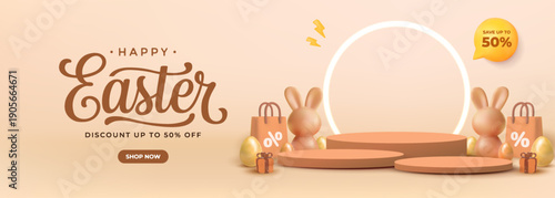 Happy Easter Sale Banner 3D Podium Display and Discount Promotion