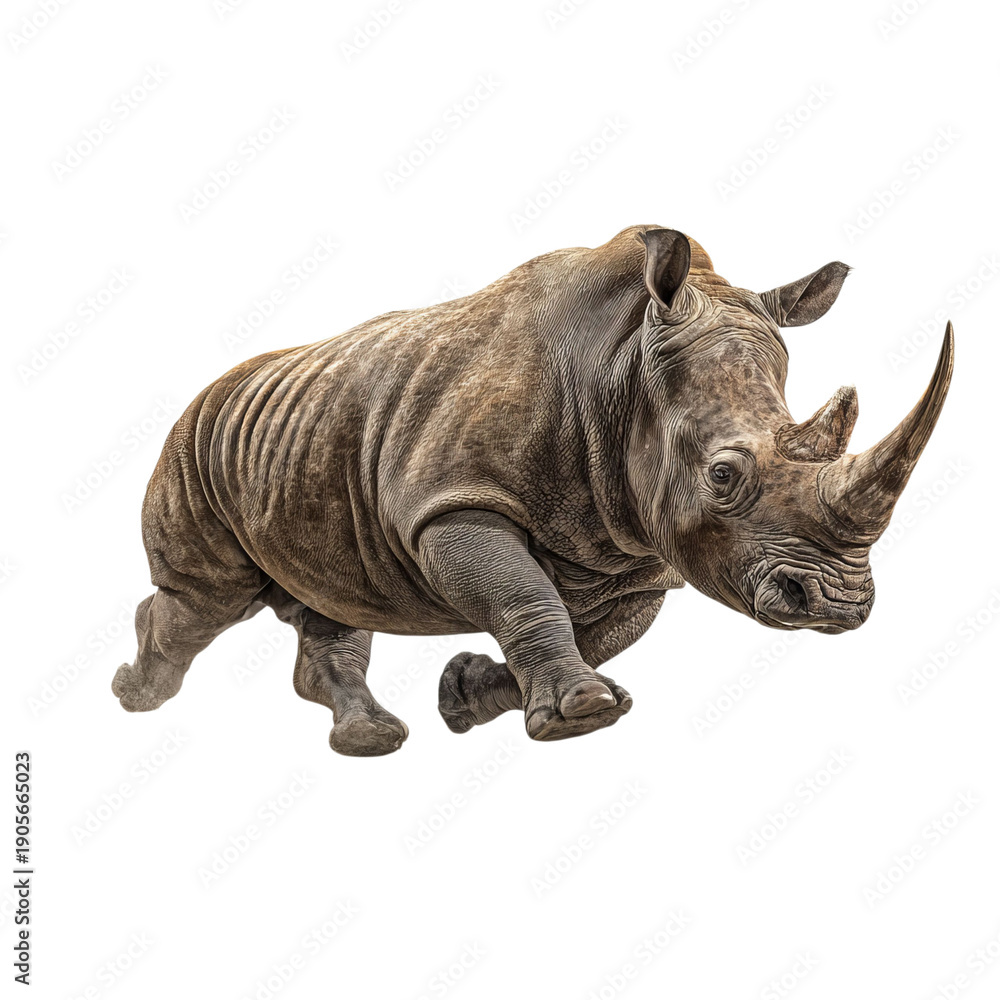 Fototapeta premium PNG of A powerful rhinoceros mid-run, showcasing its massive build and distinctive horn.