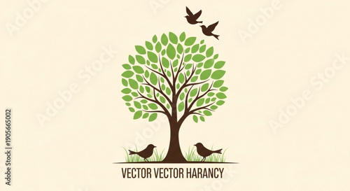 Green Tree with Birds Vector Illustration on Beige Background