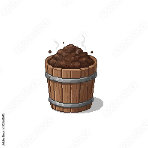 pixel art wooden bucket filled with dark soil or organic fertilizer for garden game icons.