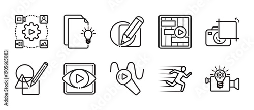 Outline Content Creation Workflow & Digital Production Minimalis Icons Set representing content creation workflow, digital production processes, and distribution