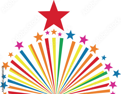 Colorful starburst fan with radiant rays, arched small stars, and large red star for celebration design
