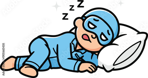 Cute Cartoon Boy Character Sleeping Peacefully In Blue Pajamas With An Eye Mask And Pillow For Bedtime Routine Or Sleep Health Concept Vector Illustration