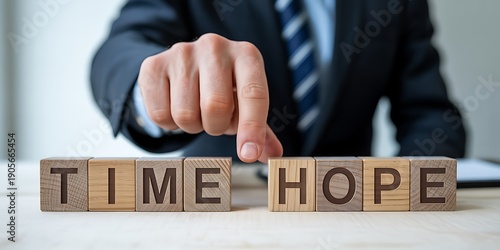 A businessman placing the letter block for time and hope on a wooden desk