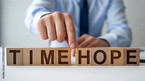 A person placing wooden blocks with the words TIME and HOPE on a white table