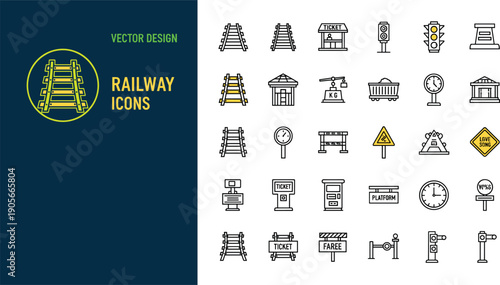 Comprehensive set of railway and train station line icons including tracks, signals, tickets, and platforms