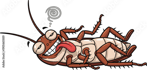 Funny Cartoon Cockroach Character Lying On Its Back Dead Or Dying With A Tongue Out And Diddy Eyes For Pest Control Extermination Or Hygiene Concept Vector Illustration.