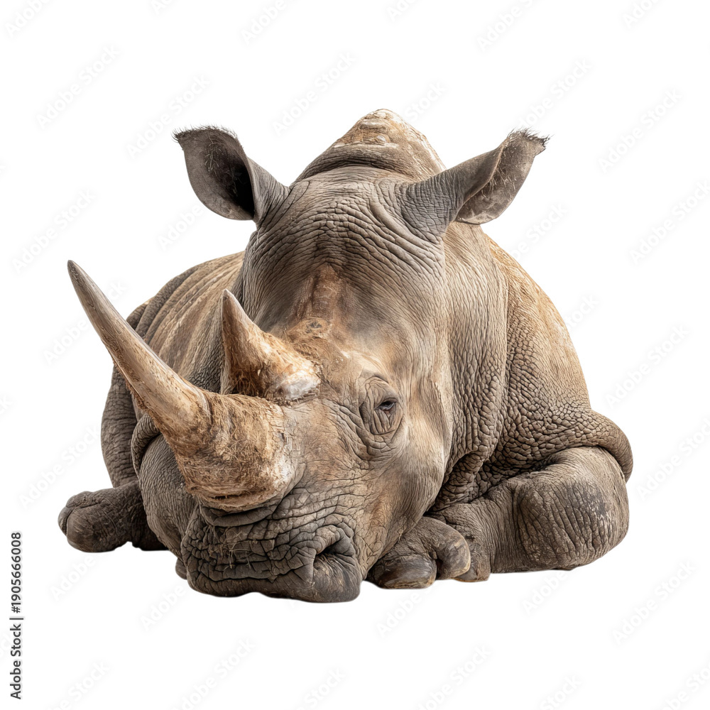 Obraz premium PNG of A resting rhinoceros showcasing its impressive horn and textured skin.
