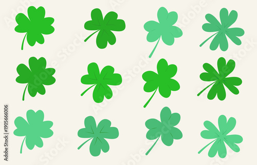 A set of hand-drawn clover icons on a light background in various shades of green. Clover stickers for St. Patrick's Day.