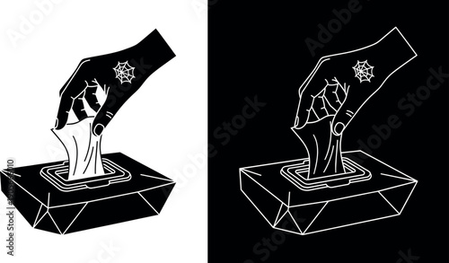 Creepy zombie hand emerging from a coffin or grave in stylized horror line and silhouette vector style