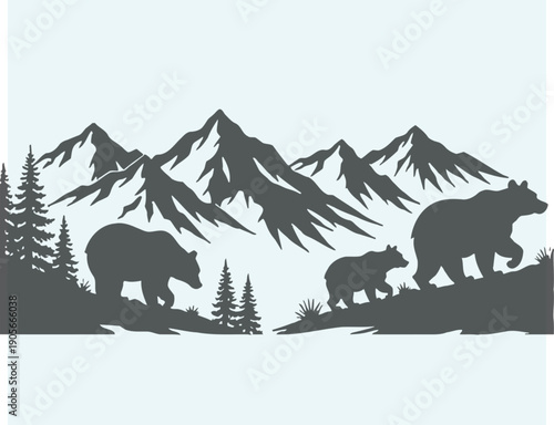 Family of bears walking in front of a mountain range