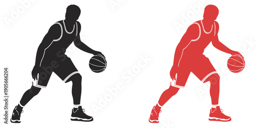 Dynamic Basketball Player Silhouettes Featuring an Athlete Dribbling the Ball in Black and Red Isolated on a White Background for Sports Action Graphic Design and Athletic Brand Identity Vector