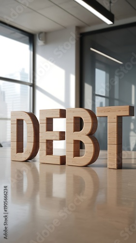 A wooden debt sign on a reflective floor in a modern office space with city view
