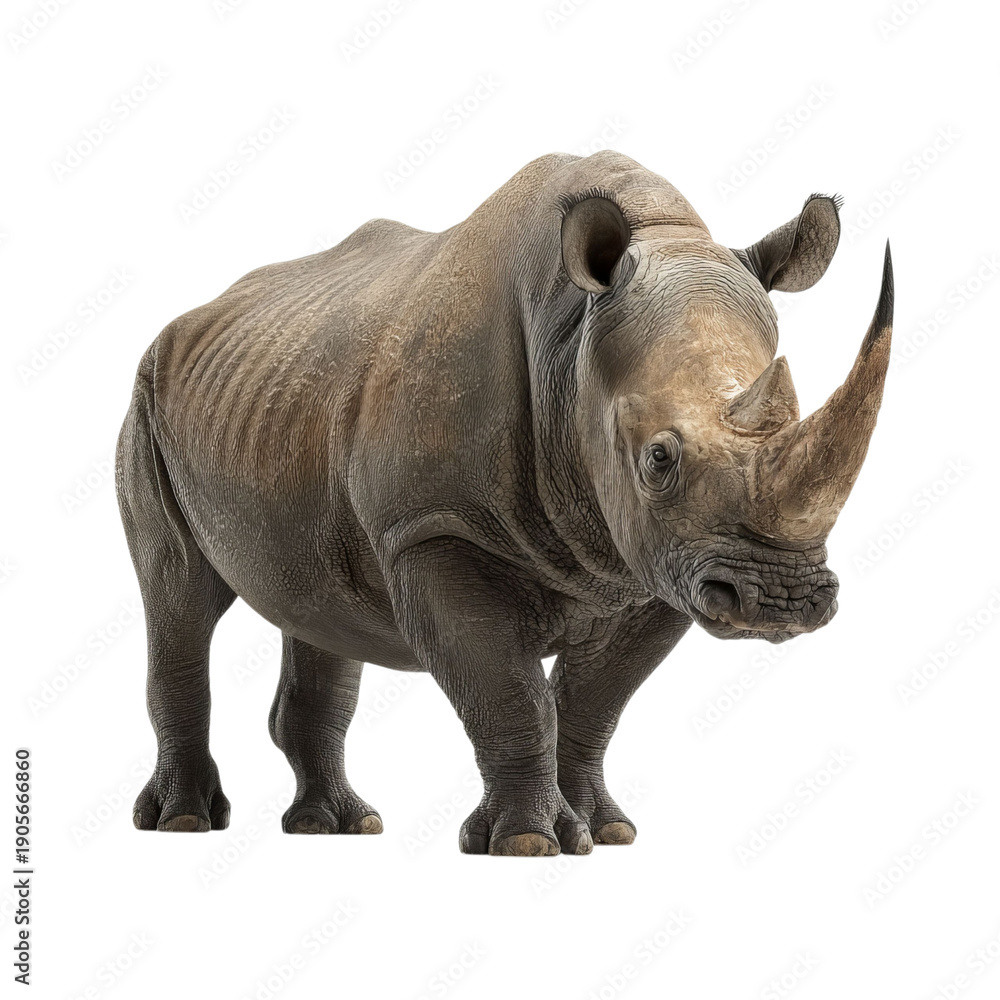 Fototapeta premium PNG of A majestic rhinoceros stands proudly, showcasing its unique horn and rugged skin.