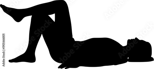Black silhouette of a person lying down on the floor, relaxing with one knee up, isolated on white background, vector illustration.
