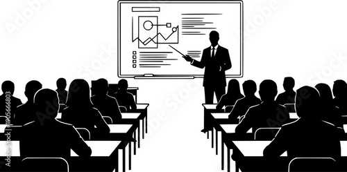 Isolated black vector silhouette of teacher giving presentation to seated audience in classroom with whiteboard, education and business seminar illustration.

