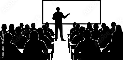 Isolated black vector silhouette of teacher giving presentation to seated audience in classroom with whiteboard, education and business seminar illustration.
