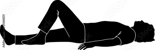 Black silhouette of a person lying down on the floor, relaxing with one knee up, isolated on white background, vector illustration.
