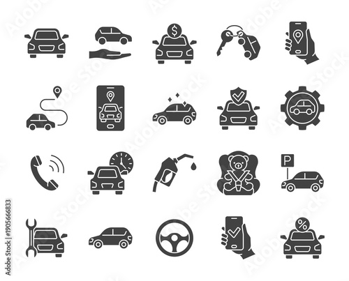 Car sharing service glyp icon set. Auto rent vector collection with smartphone, parking, application, payment, transport, discount, cleaning, refueling, baby car seat, repair, steering wheel.