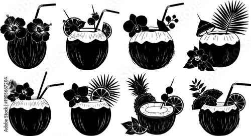 Tropical coconut drinks with floral and fruit garnishes a black silhouette
