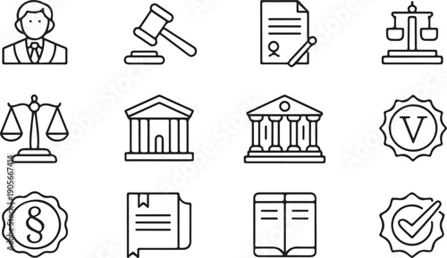Judicial Authority and Court Ruling Icons Vector Set