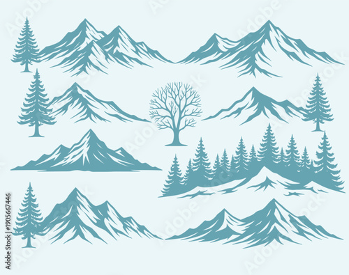 Collection of various mountain ranges and evergreen trees in blue silhouette