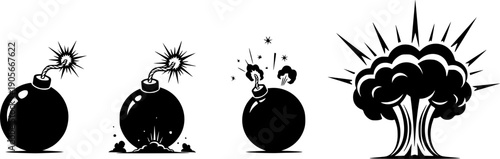 Four stylized black bomb illustrations showing stages of detonation sequence

