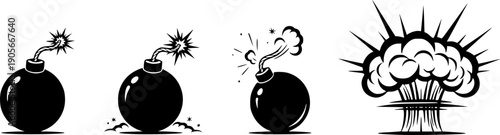 Four stylized black bomb illustrations showing stages of detonation sequence
