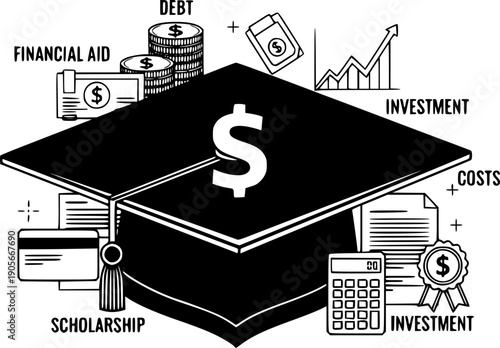 Graduation cap with dollar sign icon university education costs academic debt financial aid scholarship investment
