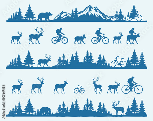 Cycling through forest with wildlife and mountain scenery