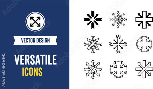 Set of versatile snowflake and geometric star icons in minimal, line, and bold vector styles