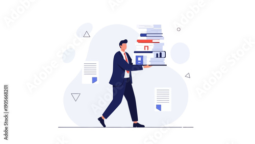 Businessman carrying stack of documents and files on a tray