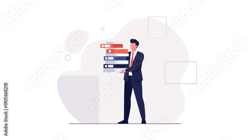 Businessman Carrying Stack of Folders, Office Workload and Paperwork Concept