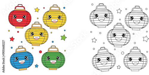 Kawaii Chinese Lantern Coloring Page for Kids, Set of Cute Colorful and Outline Lantern Characters for Lunar New Year and Mid-Autumn Festival Activity Sheet Vector Illustration