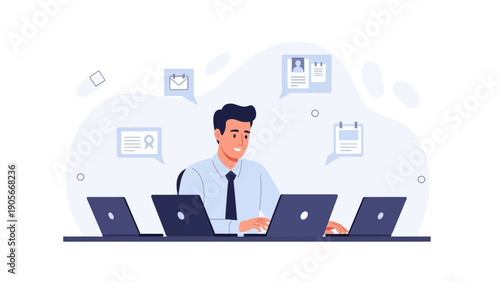 Businessman working on multiple laptops at desk, multitasking, flat design illustration